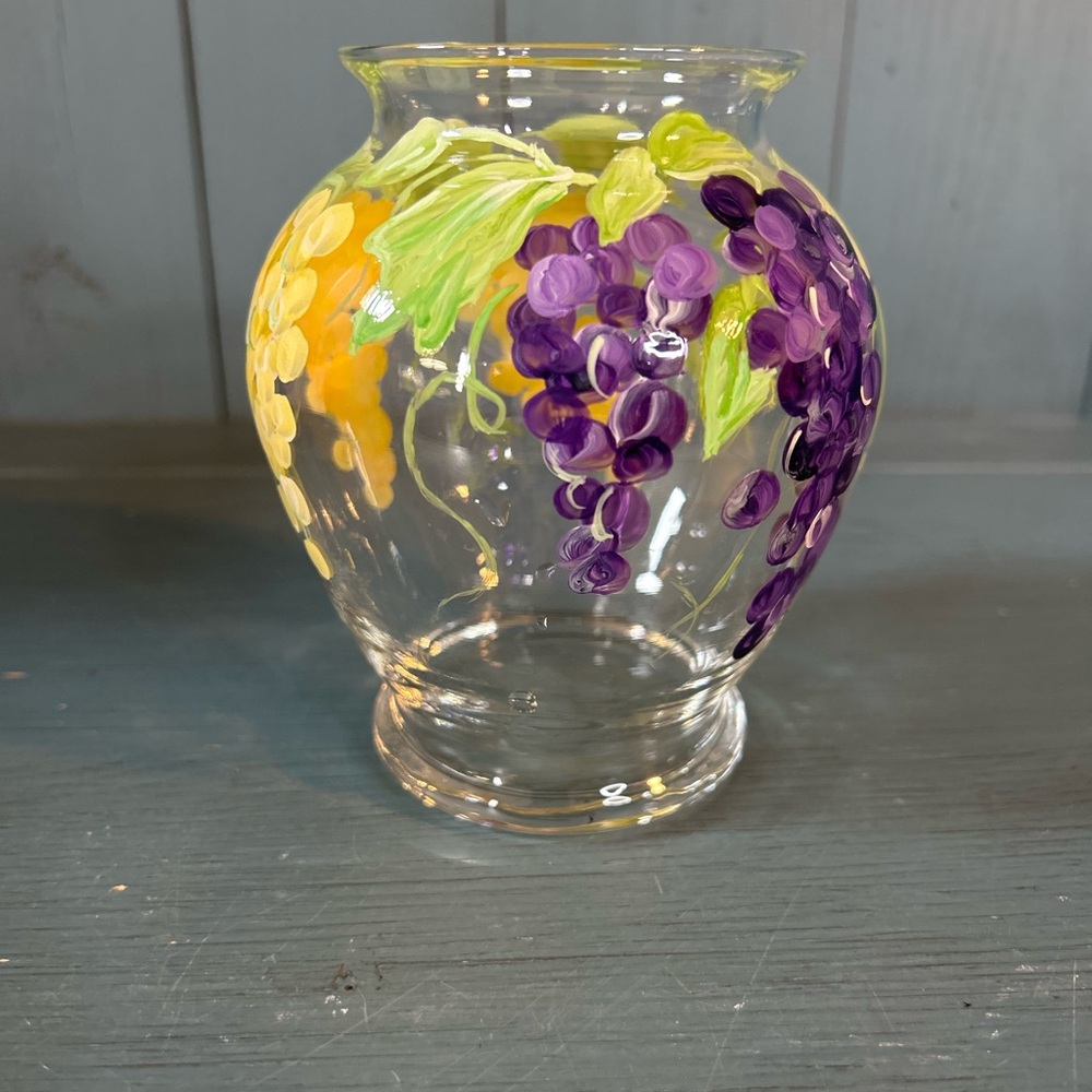 Artisan Glass Vase with Purple and Yellow Grapes w/ Green Leaves & Vines 5”